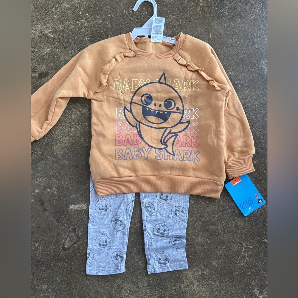 Baby Shark Sweatshirt Set - Tan Top with Gray Shark Leggings